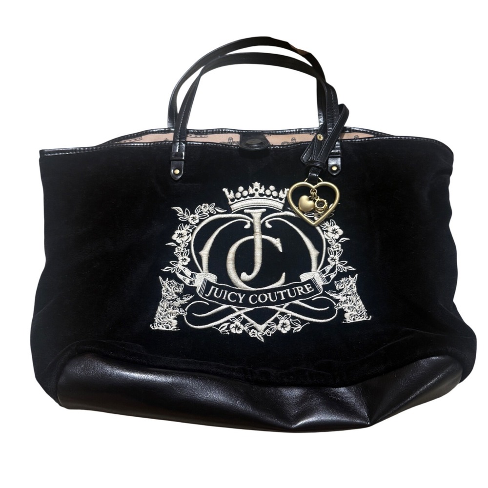 Juicy Couture Black Velour Tote Bag Embroidered Logo Heart Charm Y2K Large
